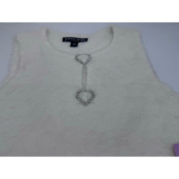 JCPenny Juniors Fuzzy Knit Top Medium Cream Rhinestone Heart Closure NEW - Picture 4 of 9